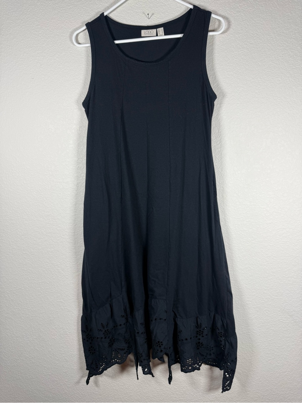 Logo Black Sleeveless Eyelet Hem Dress. Beautiful details at the bottom 🧡🤩